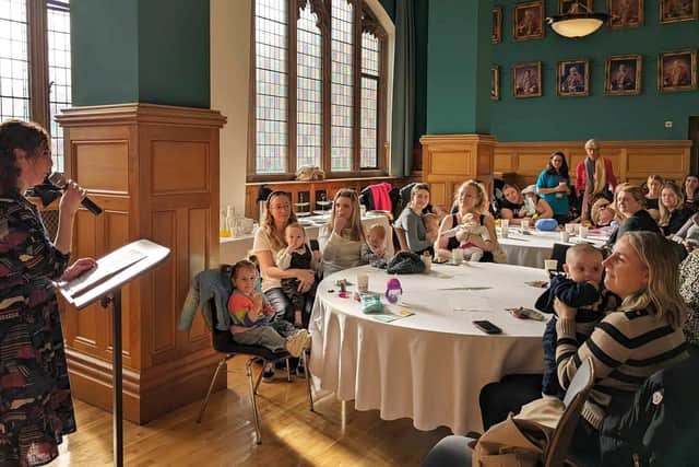 Gráinne Evans, La Leche League Breastfeeding counsellor and poet at The Breast of Rhymes, addressing the attendance at Thursday's 'Breastfeeding in Public' Day event at the city's Guildhall. Photos: Jim McCafferty Photography