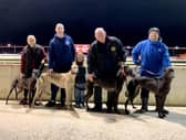 Stephen Radcliffe’s four Lifford winners: (From left) Mairead Miller with 'Catunda Quinn', Stephen with 'Deadly Thunder', Darcy McColgan and Sean Radcliffe with 'Brassneck Max' and Kevin Canning with 'Knockavilla Jet'.