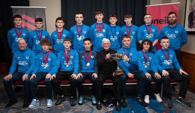 John ‘Jobby’ Crossan presenting the u-17Summer League Trophy to Oxford United FC, at the Annual Awards in the City Hotel on Friday night last. Oxford were also runners up in the Summer Cup and Winter Cup. Included are coaches Noel Crampsey and JP Walsh. (Photos: Jim McCafferty Photography)