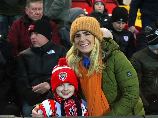 Smiling Derry City fans at the Brandywell for the game against Waterford. Photo: George Sweeney