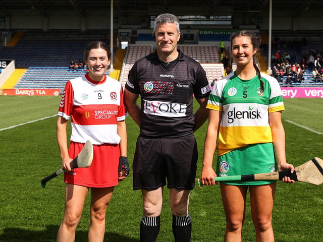 Derry's Rachel McAllister with referee Joe Mullins and Offaly's Orlagh Phelan at the coin toss. (Photo: INPHO/Ben Brady