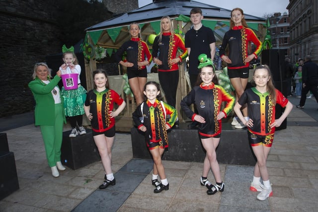 The Mayor of Derry City and Strabane District Council, Sandra Duffy pictured with some of the young performers who danced on St. Patrick’s day to raise funds for the Mayor’s chosen charity - First Housing Aid and Support Services, during the 24 hours busking event held in Guildhall Square. (Photos: Jim McCafferty Photography)