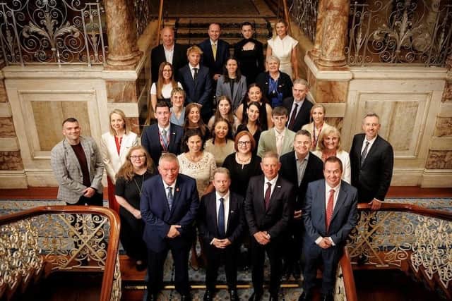 2026–27 Fulbright Irish Awardees (19) pictured at Iveagh House with U.S. Ambassador Edward S. Walsh; Executive Director Dr Dara Fitzgerald (IUSCEE); Owen Feeney (Department of Foreign Affairs and Trade); Dr Michael J. Ryan; Paschal Donohoe; and representatives of the Ireland-United States Commission for Educational Exchange, including Chair Prof. Derek O’Keeffe, Deputy Chair Thea Gilien, and Board Members Ingrid Specht, Janel M. Heird and Prof. Regina Uí Chollatáin. Photography from Andres Poveda info@apphoto.ie.