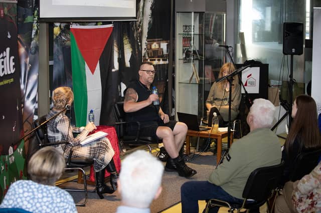 THE EMPEROR IS NAKED. . . .Former British soldier Michael John Pike (Spike Pike) speaking at a Feile event in the Museum of Free Derry on Saturday. The discussion was chaired by Martina Anderson. (Photos: Jim McCafferty Photography)