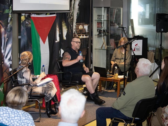 THE EMPEROR IS NAKED. . . .Former British soldier Michael John Pike (Spike Pike) speaking at a Feile event in the Museum of Free Derry on Saturday. The discussion was chaired by Martina Anderson. (Photos: Jim McCafferty Photography)