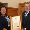 The late Jim McLaughlin receiving Freedom of the City from the former Mayor of Derry City and Strabane District Council Councillor Michaela Boyle in 2019.