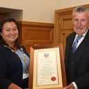 The late Jim McLaughlin receiving Freedom of the City from the former Mayor of Derry City and Strabane District Council Councillor Michaela Boyle in 2019.