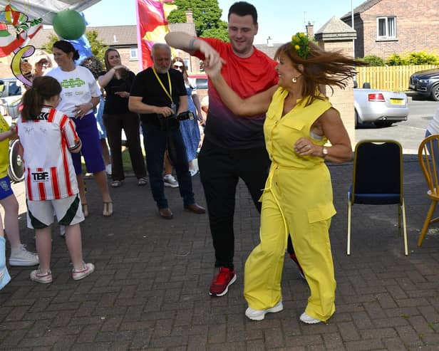 Turlough O'Neill and Margaret Cunningham dance during the Annual Farland Way Hazelbank Big Lunch. Photo: George Sweeney