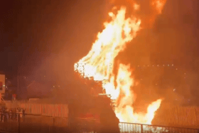 The bonfire on the Lecky Road ablaze on Saturday.
