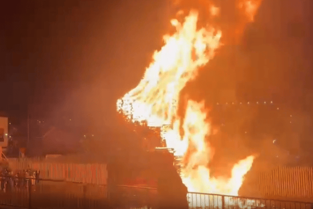 The bonfire on the Lecky Road ablaze on Saturday.