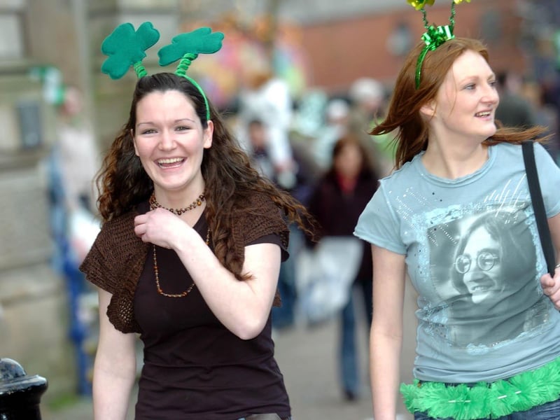 Angela Murphy and Joy McGinley, pictured in good spirits a the Annual St Patrick's Day parade. : St Patrick's Day in Derry in 2006.