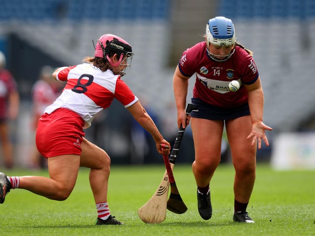 Derry’s Aine McGill closes down Amelia Shaw of Westmeath during Sunday's Very Camogie League Division 2A Final in Croke Park. (Photo: INPHO/Ryan Byrne)