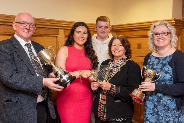 The Mayor Councillor Patricia hosted a reception for Róise ni Mhurchú who brought home two gold medals from the All Ireland Fleadh in Irish Singing and lilting, unaccompanied vocal music. Included are Róise mum and dad, Caitriona and Marcas and her brother Cormac. Picture Martin McKeown. 31.08.23