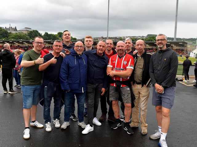 Visiting fans from England at the Brandywell Stadium for the game against Cork City on Friday evening. Photograph: George Sweeney. DER2325GS – 85