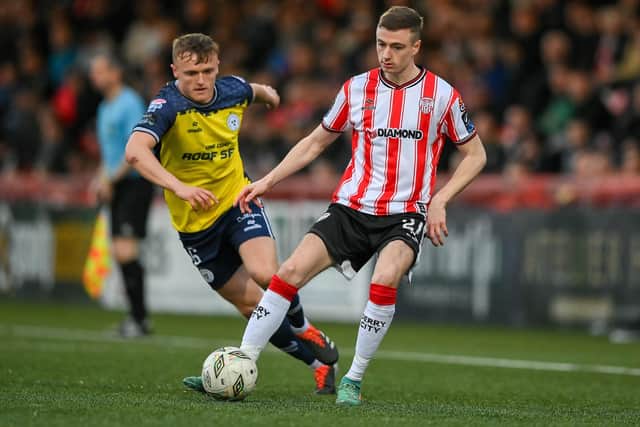 Daniel Kelly of Derry City in action against JJ Lunney of Shelbourne during the SSE Airtricity Men's Premier Division match between Derry City and Shelbourne at The Ryan McBride Brandywell Stadium in Derry. Photo by Stephen McCarthy/Sportsfile