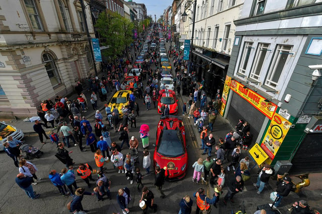 48 super cars and American Muscle cars took part in the Bear Run from Derry’s Shipquay Street to Donegal and Inishowen, on Saturday morning, raising funds for Bumbleance, the Children’s Ambulance Service. Photo: George Sweeney.  DER2317GS – 114