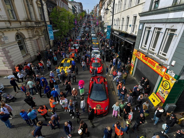 48 super cars and American Muscle cars took part in the Bear Run from Derry’s Shipquay Street to Donegal and Inishowen, on Saturday morning, raising funds for Bumbleance, the Children’s Ambulance Service. Photo: George Sweeney. DER2317GS – 114