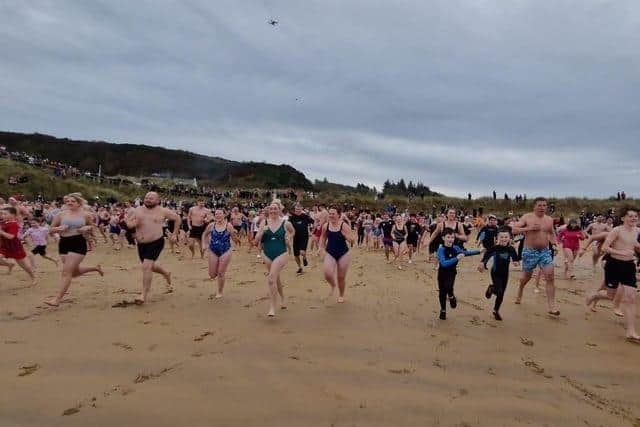 New Year's Day dippers on January 1, 2024 at Culdaff beach.