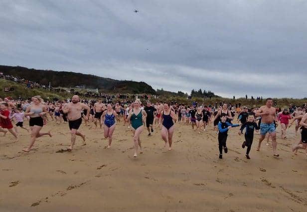 New Year's Day dippers on January 1, 2024 at Culdaff beach.