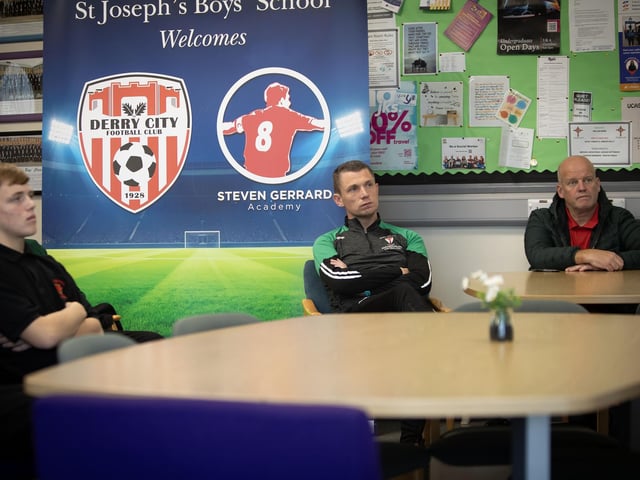 St. Joseph's Boys School PE teachers, Mr. Emmett McGinty and Mr. Paul Gibbons at last week's Steven Gerrard Academy launch. (Photo: Jim McCafferty)