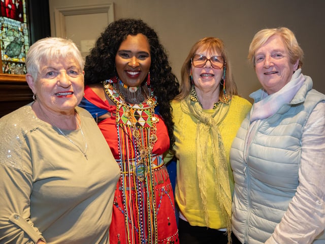 Mary Frances McGuckian, Christine Niblock and Annemarie McKay pictured with the Mayor Councillor Lilian Seenoi-Barr as she hosted an Afrobeat Tea dance in the Guildhall which blended traditional waltzes with a selection of upbeat tunes bringing people to their feet on the dance floor of the main hall. Picture Martin McKeown. 09.10.24
