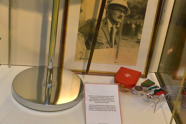 Medals belonging to Captain Leo Day, a schoolteacher, who led the Derry Corps of the Order of Malta during the troubles on display at the Order of Malta Exhibition launch in the Museum of Free Derry on Monday evening last. Photo: George Sweeney. DER2305GS – 53