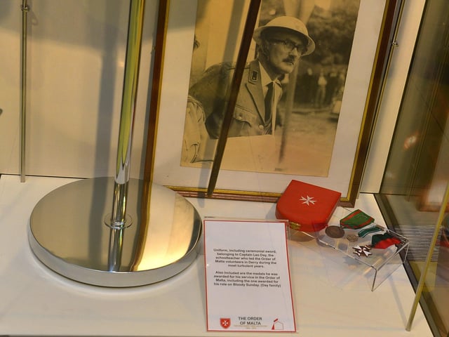 Medals belonging to Captain Leo Day, a schoolteacher, who led the Derry Corps of the Order of Malta during the troubles on display at the Order of Malta Exhibition launch in the Museum of Free Derry on Monday evening last. Photo: George Sweeney. DER2305GS – 53