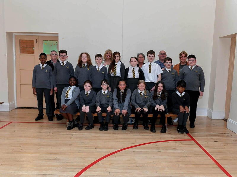 Mrs. Coyle’s P7 class and support staff at Model Primary School.