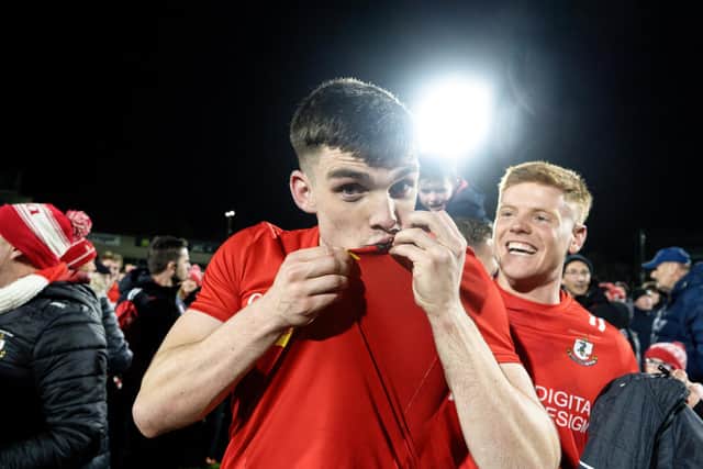 Johnny McErlain of Magherafelt celebrates after the Derry County Senior Club Football Championship final match between Magherafelt and Newbridge at Find Insurance Celtic Park in Derry. Photo by Matthew Harvey/Sportsfile