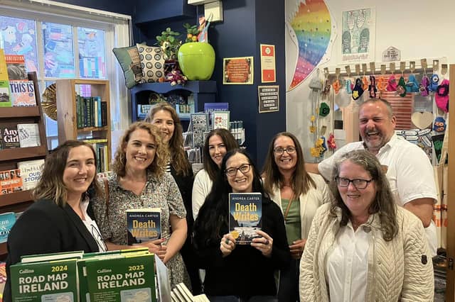 Group pictured at Little Acorns Bookstore for the 'Andrea Carter in Conversation with Neil Hegarty' Féile 23 event. Included are Sally Goggin, Breege, Mary and Annette McLaughlin, Jenni Doherty, Little Acorns, Kaye and Liam Skelly and Brid Gallagher.