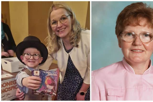 Edel McLaughlin, with her nephew Charles Gallagher, who designed the cover art for her CD 'An Spideog: The Red Robin,' in aid of the Donegal Hospice and on right, the late Helen McLaughlin.
