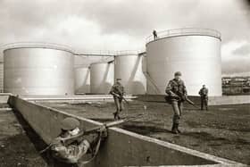 British soldiers at a fuel depot on the Bay Road during the Ulster Workers' Council strike in May 1974.