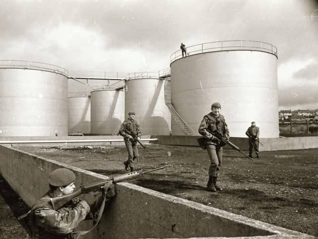 British soldiers at a fuel depot on the Bay Road during the Ulster Workers' Council strike in May 1974.