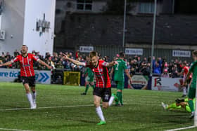 Derry City midfielder Brandon Kavanagh races away to celebrate his goal against Finn Harps in the North West derby last Friday night at Brandywell. Photograph by Kevin Moore.