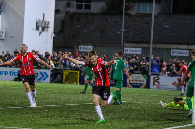 Derry City midfielder Brandon Kavanagh races away to celebrate his goal against Finn Harps in the North West derby last Friday night at Brandywell. Photograph by Kevin Moore.