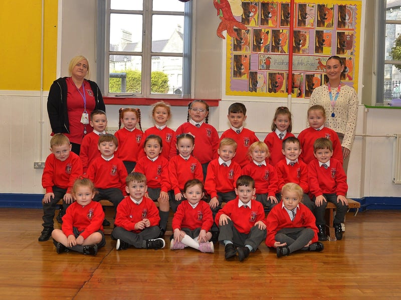 Teacher Mrs McKenna (right) with P1 pupils and classroom assistant Miss Caldwell at St Eugene’s Primary School.