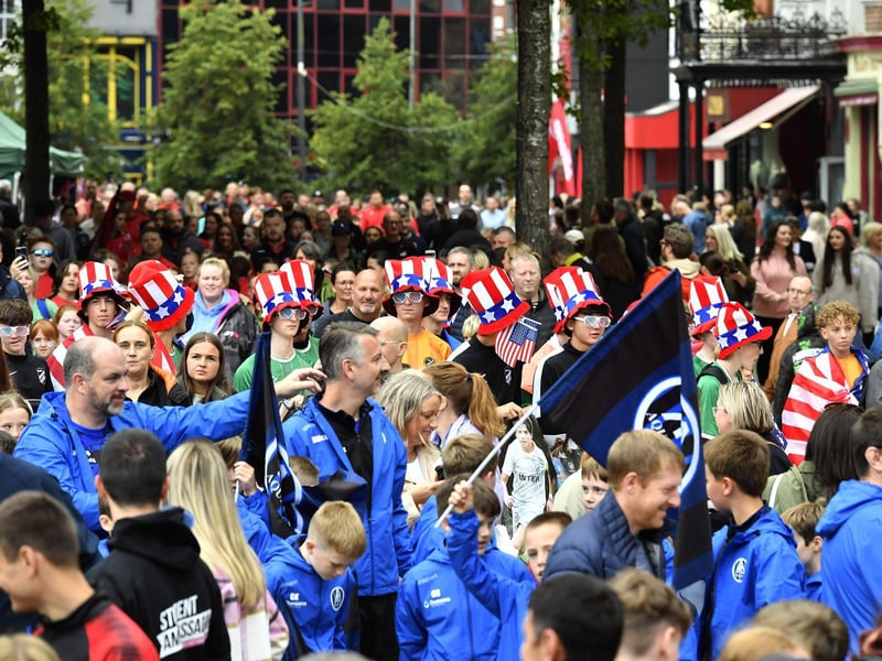 Foyle Cup teams and supporters gather in Guildhall Square. Photo: George Sweeney