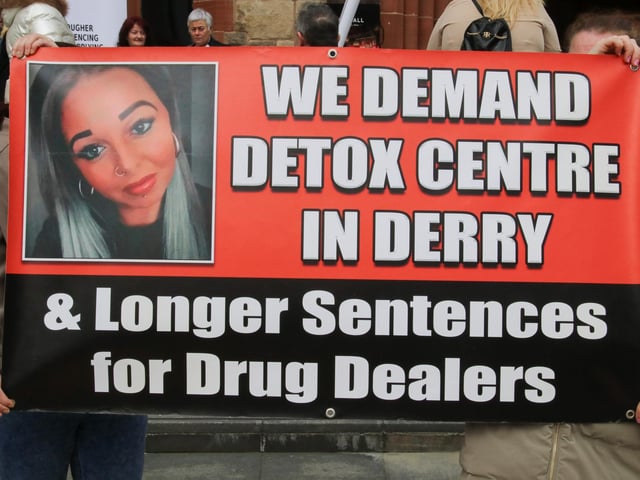 Protesters with a banner calling for a Detox Centre in Derry at the Anti-drugs rally, Guildhall. (Photo - Deirdre Heaney, nwpresspics)