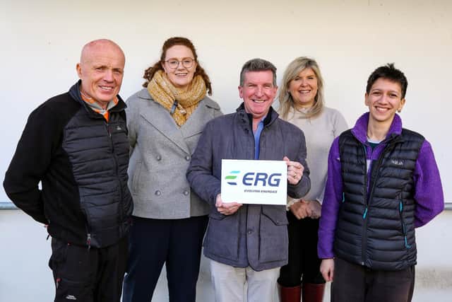 L-R: Sean McGlinchey, Sinn Féin Councillor and Chair of the Dungiven Community Response Group, Martina Tully, Business Development UK at ERG, Colum McNicholl, Treasurer of St. Canice's GAC, Mairead McCormack Chief Executive of Glenshane Community Development and Mel Falconer, Head of Business Development UK at ERG.