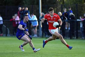 Magherafelt’s Dan Higgins evades a challenge from Steelstown’s Cahir McMonagle. Photo: George Sweeney