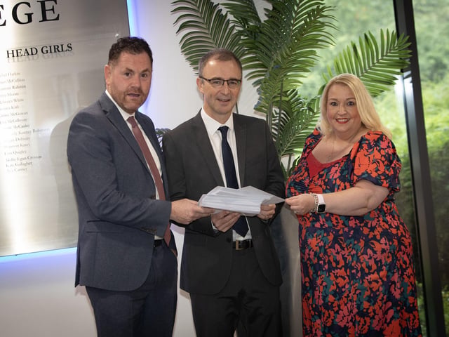 St. Mary's Principal Mr. Brendan McGinn checking A Level results with vice principals Mr. Conor Lynch and Ms. Roisin Rice on Thursday morning. (Photos: Jim McCafferty Photography)