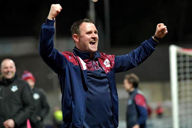 Drogheda United’s assistant manager Daire Doyle celebrates at the final whistle.