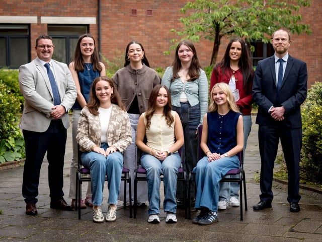 Parents Association Award for Services to School, Senior School Leadership Team. Front Row: Ella McGeady, Aimee Grace Doherty, Beth Tinney. Back Row: Mr D. McCay (Head of Senior School), Hannah Wade, Ellie Halpin, Sara Lindsay, Ella Wade, Dr N. Morewood (Head of Year 14)