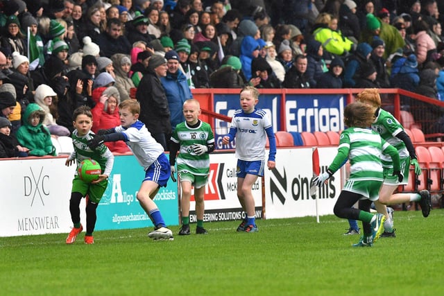 Young footballers from Faughanvale and Ballinderry playing during the SFC final interval at Celtic Park on Sunday afternoon. Photo: George Sweeney