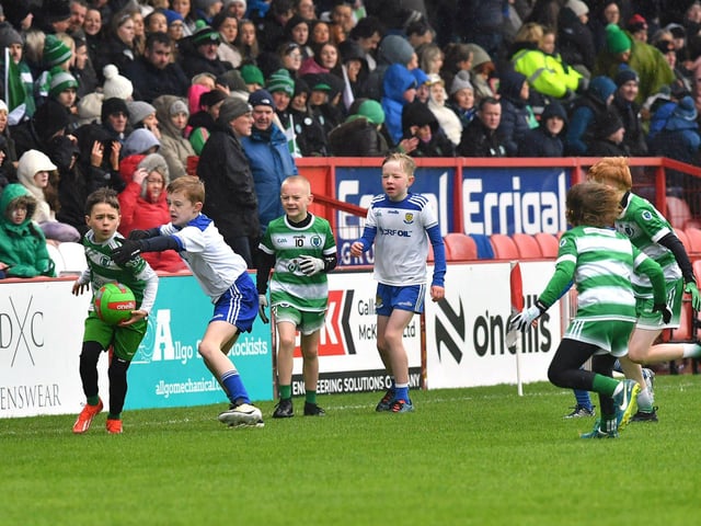 Young footballers from Faughanvale and Ballinderry playing during the SFC final interval at Celtic Park on Sunday afternoon. Photo: George Sweeney