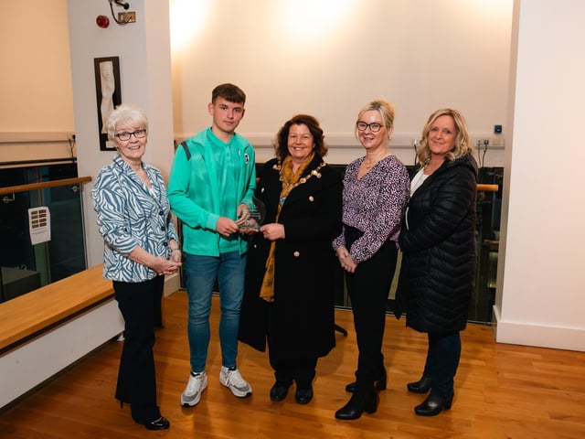 Derry City & Strabane District Council Mayor Patricia Logue pictured with Gavin and his aunties Gabrielle Williamson, Carmel McNamee and former Ireland player Julie Logue.