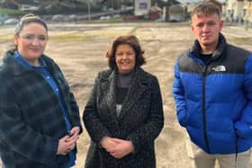 MLA Pádraig Delargy with councillors Aisling Hutton and Patricia Logue at Meenan Square.