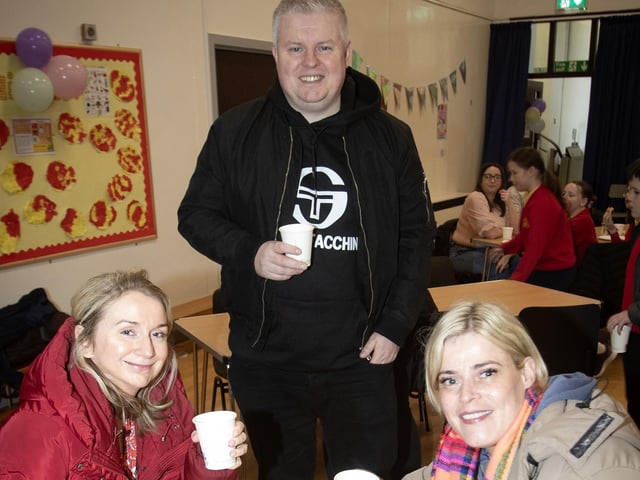 Steelstown parents Jane Deeney, Troy Deeney and Anne-Marie McLaughlin enjoying a break at Friday's Charity Coffee Morning.