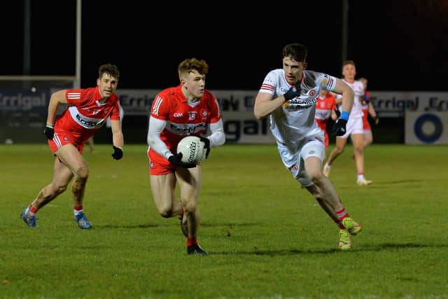 Derry’s Lachlan Murray evades a challenge from Nathan McCarron of Tyrone during the Dr McKenna Cup game at Owenbeg on Wednesday. Photo: George Sweeney. DER2302GS – 10