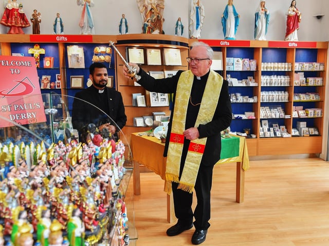 Bishop of Derry The Most Reverend Dr. Donal McKeown blesses the newly opened St Paul’s book and gift shop on Derry’s Shipquay Street. Included in the photograph is Fr. Thomas from the Society of St Paul Maynooth. Photo: George Sweeney